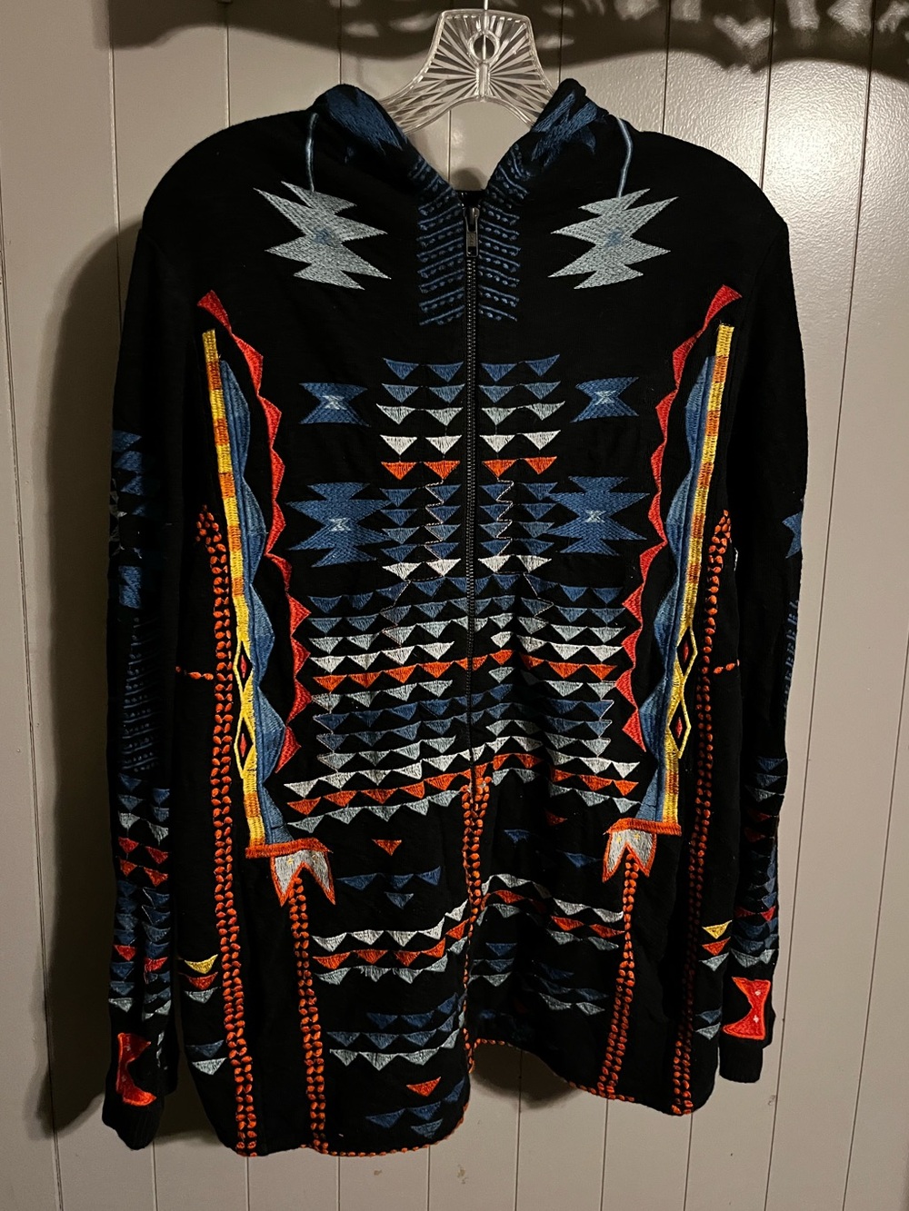 Johnny Was Biya Beautiful boho black multicolor fully embroidered jacket w/ hood